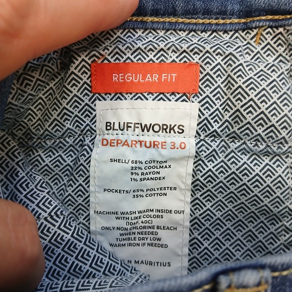 Bluffworks Jeans Mens 35x34 Blue Departure 3.0 Regular Fit Stretch (FITS 36x32) - Picture 4 of 12